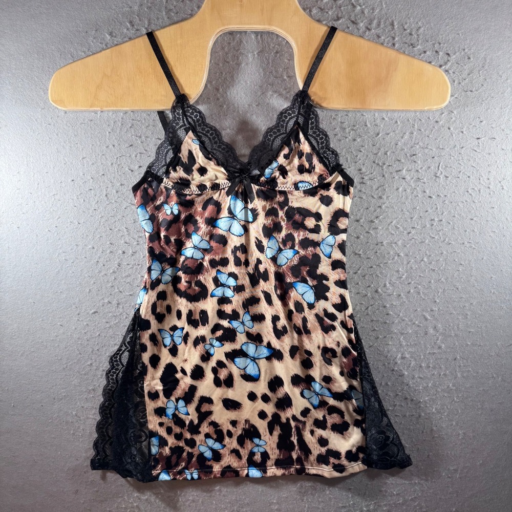 1465 | NEW Leopard Butterfly Lace Trim Side Split Lingerie/Slip Dress Womens M